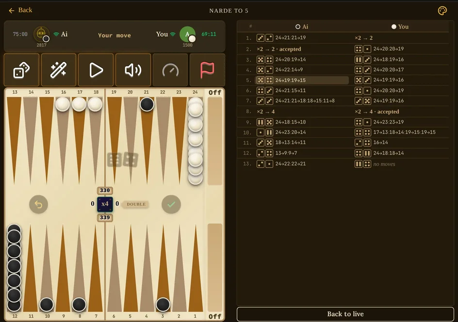 The game room on a desktop: move 5 tapped in Move History, the board showing it, Back to live under the list