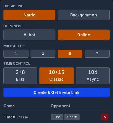 The lobby: Narde, Online, Match to 5, Classic, Create & Get Invite Link, and the pending game with Find, Share and ✕