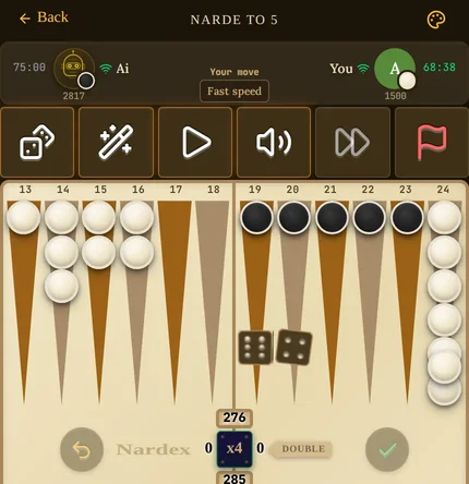 The game room on a phone: the control row with Auto roll and Tap auto-move on, the speed button just pressed to Fast speed