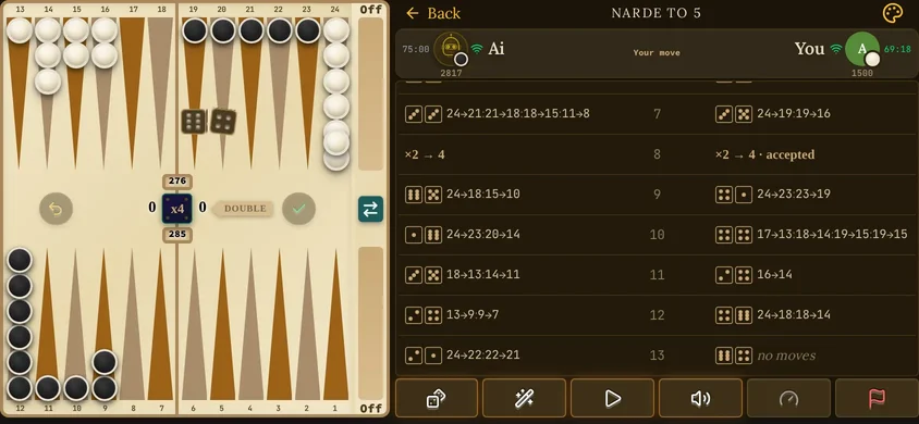 The game room on a phone on its side, 844 × 390: the board on one half, players, history and buttons on the other