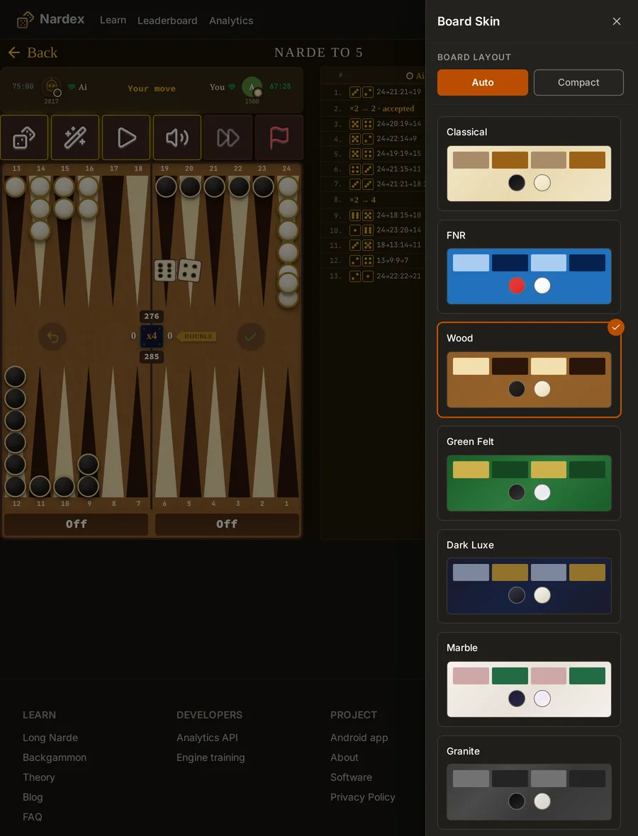 Board Skin opened from the game room: Board layout Auto or Compact, the seven skins, Wood picked and the board behind in Wood