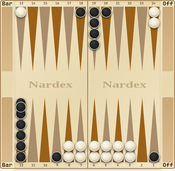 Backgammon board illustrating blocking play: White is building a five-point prime on points 3–7 while a lone Black checker on the 1-point is trapped behind a nearly closed home board.