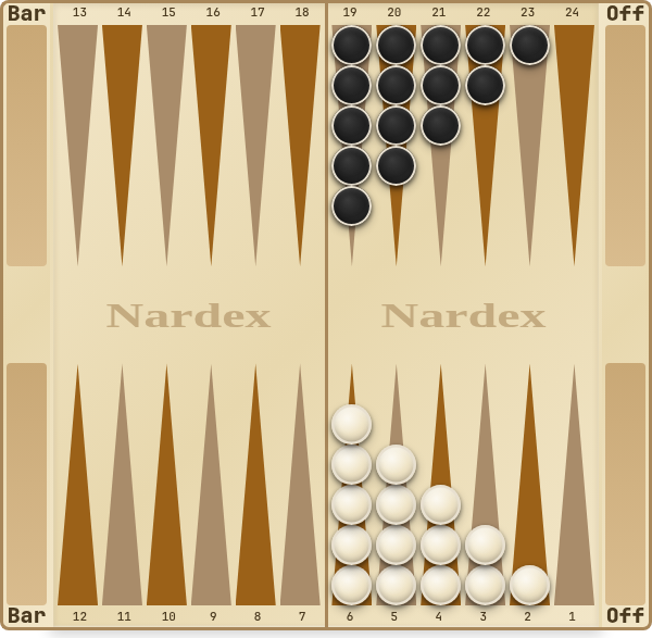 Backgammon board in a pure race endgame: hits are no longer possible and only the pip count decides — both sides simply roll and bear off.