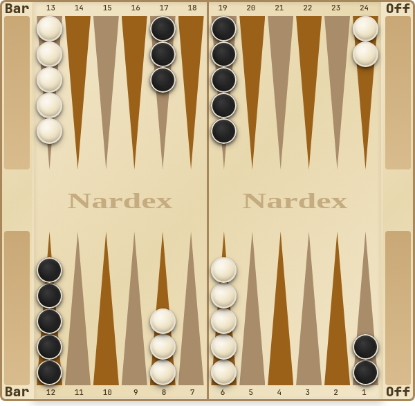 Backgammon board with the standard starting position: White moves counter-clockwise from point 24 toward 1, Black clockwise from 1 toward 24.