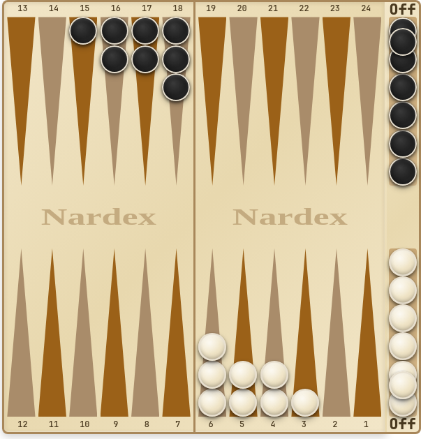 Long narde board in the bear-off phase: both sides have brought every checker into their home boards and each has already borne off seven.