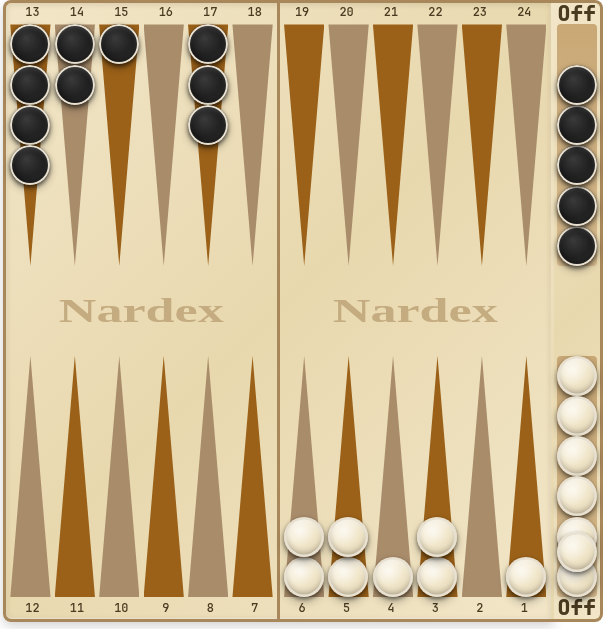 Long narde race endgame: no contact left, White has borne off 7 checkers to Black's 5.